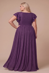 Curveins Plus Size V-Neck Ruffle Sleeve Split A-Line Maxi Dress