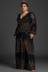 Curveins Plus Size V-Neck Sequin Split Hem Maxi Dress