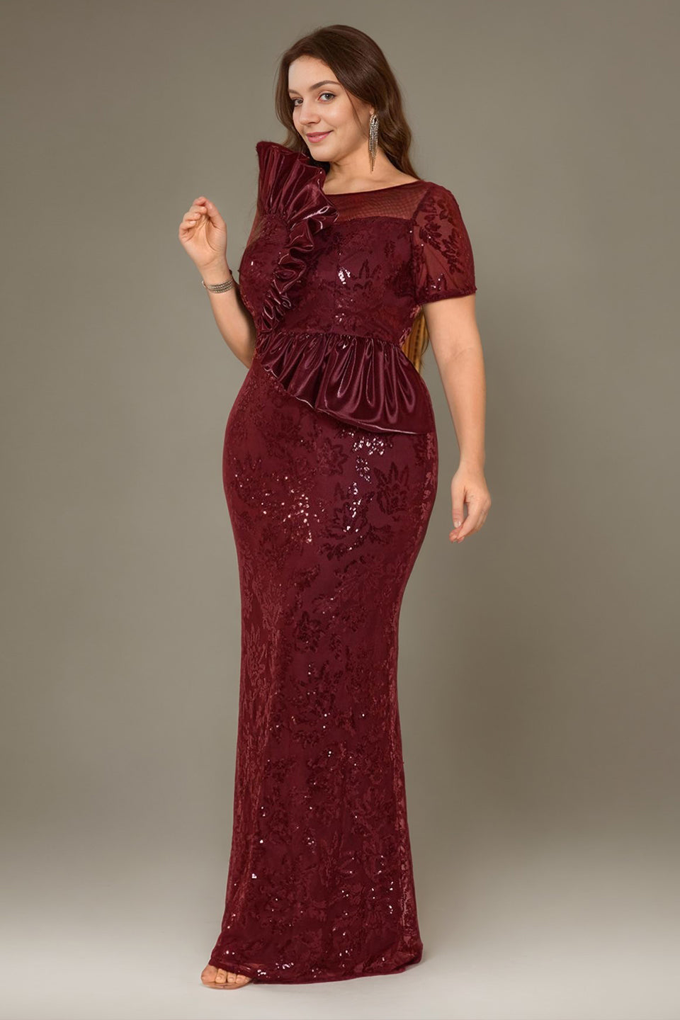 Curveins Plus Size Short Sleeve Bodycon Sequin Floral Pattern Maxi Dress