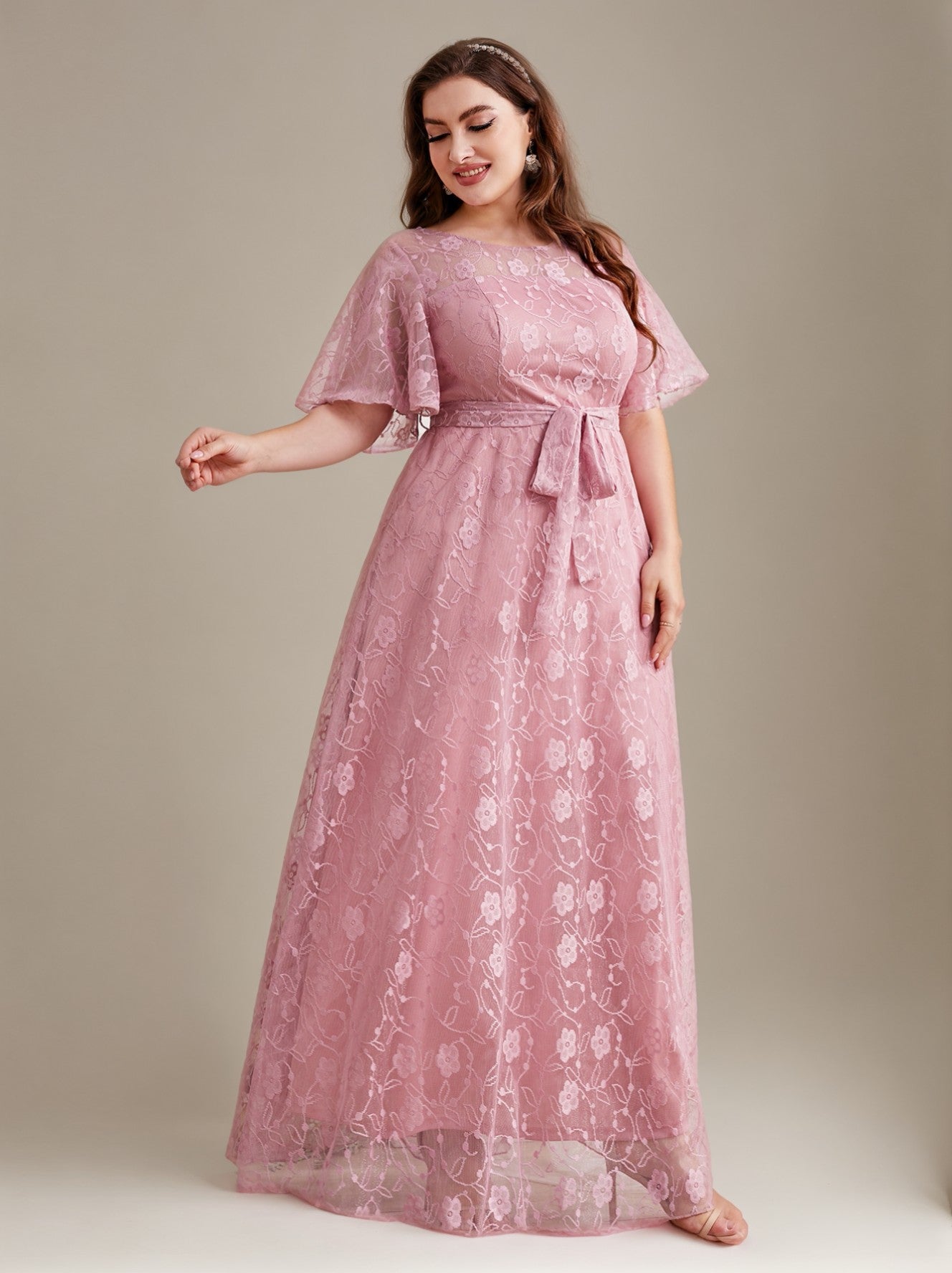 Curveins Plus Size Round Neck Batwing Sleeve Lace Tie Waist Maxi Dress