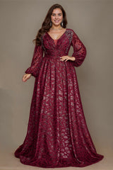 Curveins Chic Plus Size V-Neck Floral Pattern Lantern Sleeve Gown