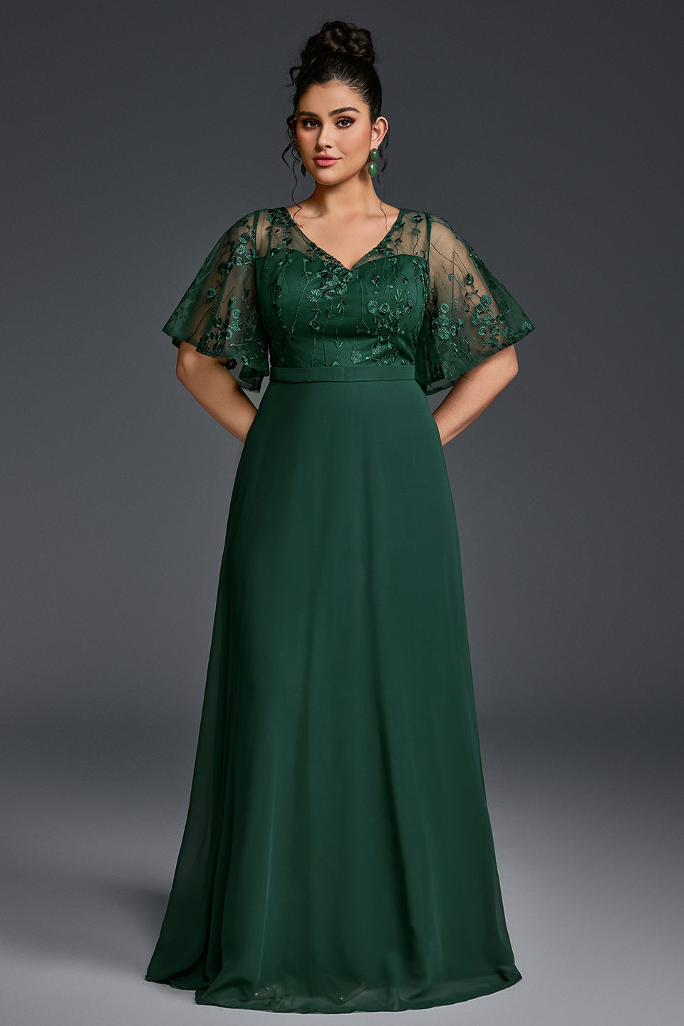 Curveins Plus Size V-Neck Batwing Sleeve Printed Maxi Dress