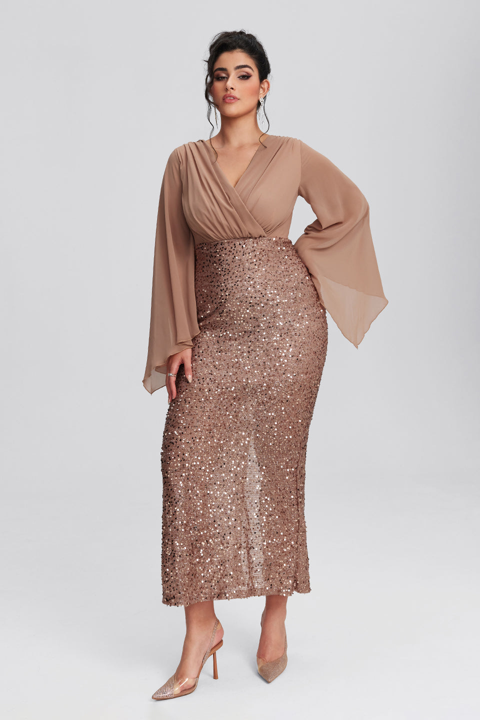 Curveins Plus Size Hem Sequin Asymmetrical Sleeve V-neck Maxi Dress