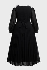 Curveins Plus Size Elegant Black V-Neck Pleated Maxi Dress with Crystal Belt
