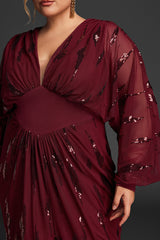 Curveins Plus Size V Neck Sequins Lantern Sleeve Slit Mesh Dress