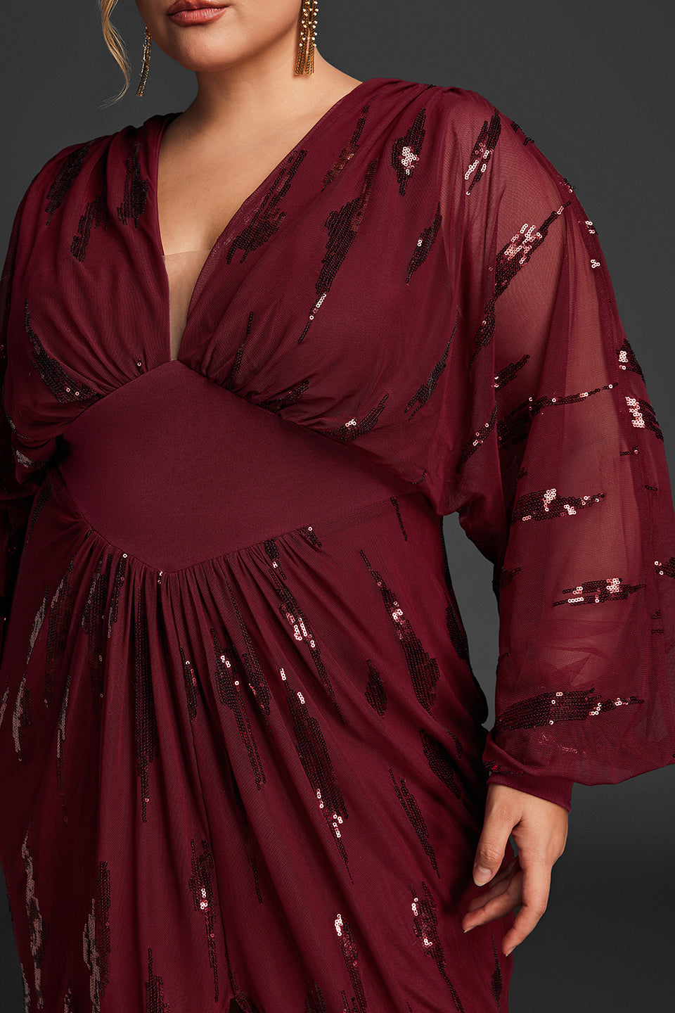 Curveins Plus Size Lantern Sleeve Slit Mesh Dress -Burgundy