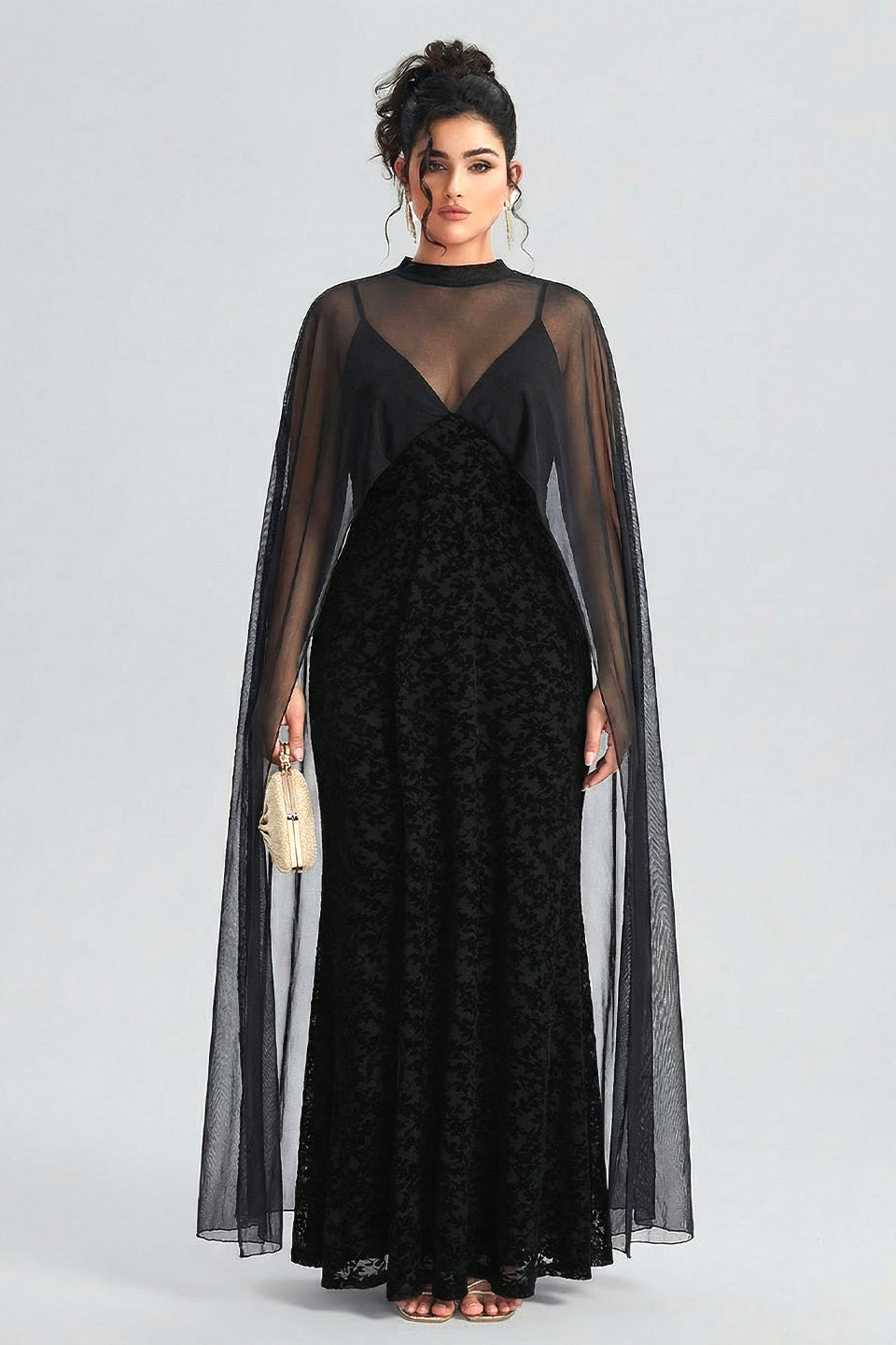 Curveins Plus Size Flattering V-Neck Cape Style Sleeveless Velvet Maxi Dress