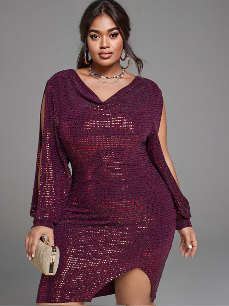 Curveins Plus Size Draped Collar Split Sleeve Sequin Dress