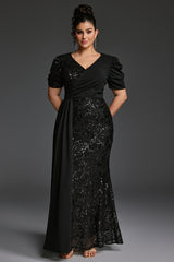 Curveins Plus Size V-Neck Sequin Patchwork Pattern Maxi Dress