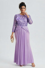 Curveins Plus Size Long Sleeve Lace Patchwork Sequin Maxi Dress with Round Neck