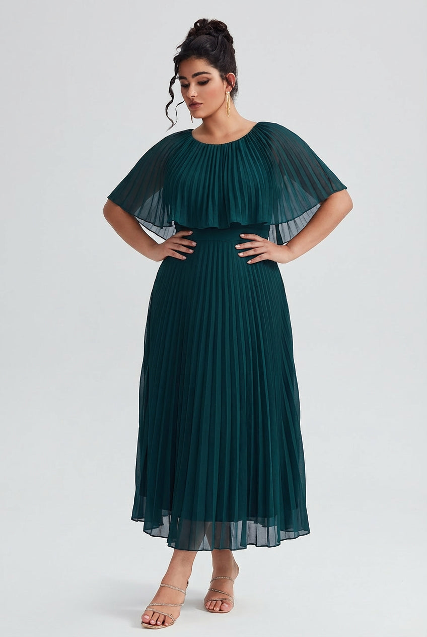 Curveins Plus Size Round Neck Short Cape Sleeve Elegant A-Line Maxi Dress