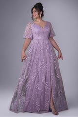 Curveins Plus Size Floral Embroidery V-Neck Puff Sleeve Side-Slit Maxi Dress