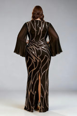 Curveins Plus Size Round Neck Striped Sequin Batwing Sleeve Maxi Dress