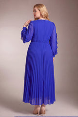 Curveins Plus Size Elegant Round Neck Long Sleeve Ruched Waist Slim Fit Evening Maxi Dress