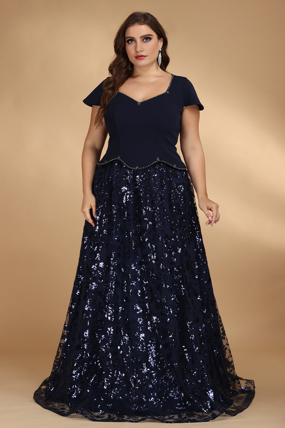 Curveins Plus Size V Neck Short Sleeve Sequin Patchwork Cinched Waist Floral Maxi Dress