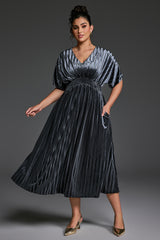 Curveins Plus Size V-Neck Batwing Sleeve Pleated A-Line Velvet Maxi Dress