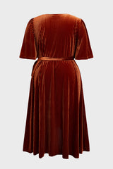 Curveins Plus Size Wrap V-Neck Belted Asymmetrical Hem Velvet Maxi Dress