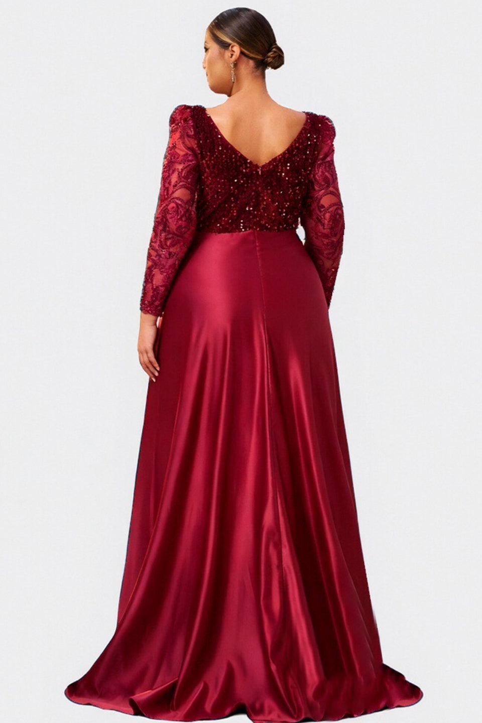 Curveins Plus Size V-Neck Long Sleeve Patterned Sequin Panel Maxi Dress