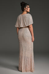 Curveins Plus Size V-Neck Sequin Short Sleeve Bodycon Maxi Dress