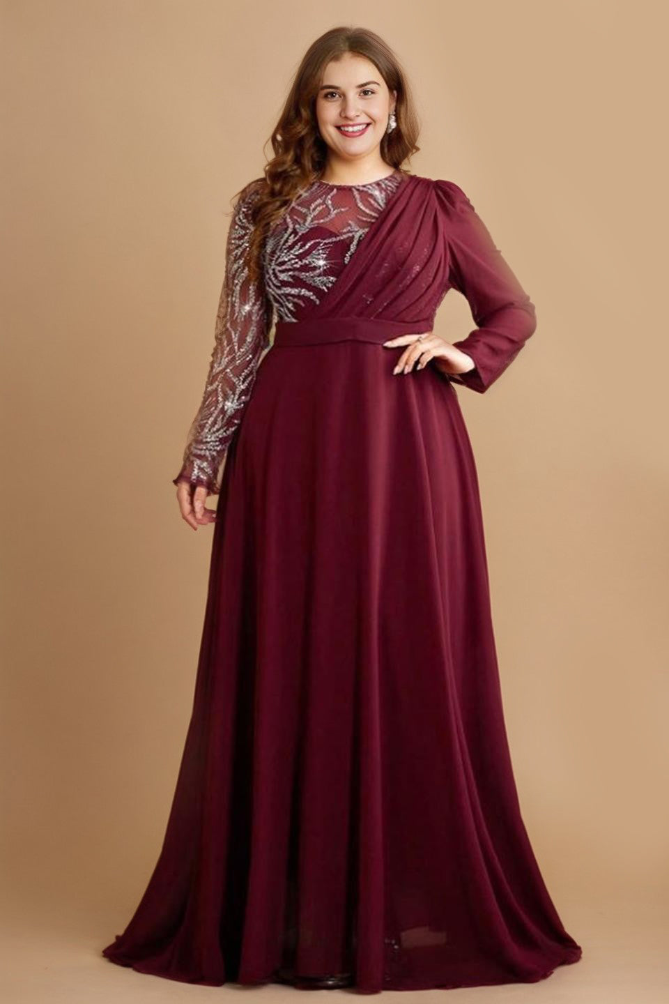 long sleeve plus size burgundy dress Curveins Elegant Ruched Waist Round Neck Maxi 22-24/3X / Sage Green Dress with A perfect choice for Plus size bridesmaid dress Size:M - Bust 38-42