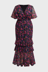 Curveins Plus Size V-Neck Batwing Sleeve Printed Maxi Dress with Ruched Detail