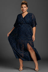 Curveins Plus Size Ruffle Sleeve Knot Side Split Hem Mesh Maxi Dress