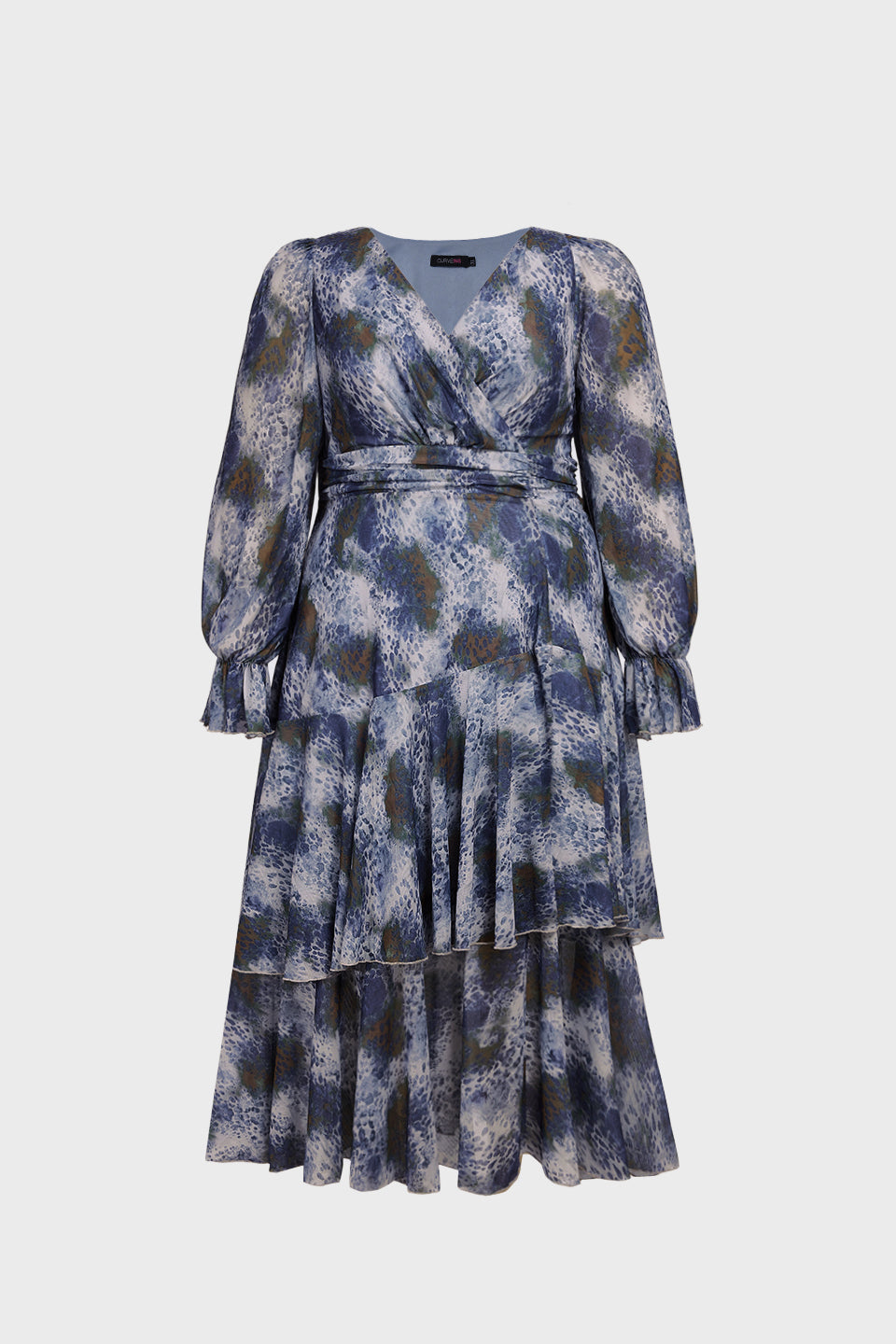 Curveins Plus Size V Neck Lantern Sleeve Cinched Waist Elegant Maxi Dress