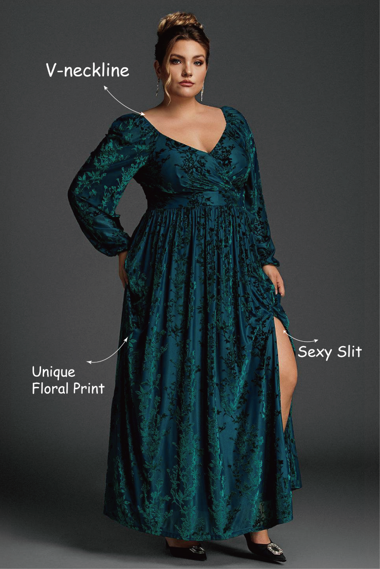 Curveins Plus Size Velvet Lantern Sleeve Plain Maxi Dress