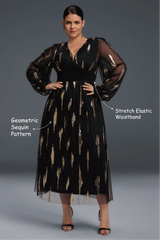 Curveins Plus Size V-Neck Sequin Long Sleeve Maxi Dress