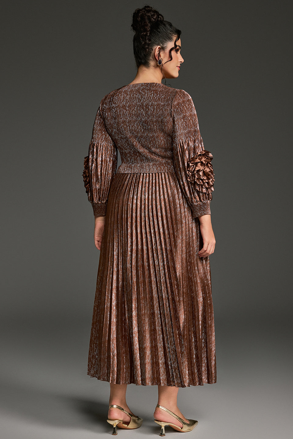 Curveins Plus Size V-Neck Long Sleeve Waist Tie Pleated Maxi Dress