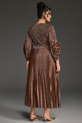 Curveins Plus Size V-Neck Long Sleeve Waist Tie Pleated Maxi Dress