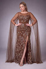 Curveins Plus Size Elegant Round Neck Sequin Floral Pattern Long Sleeve Split Maxi Dress