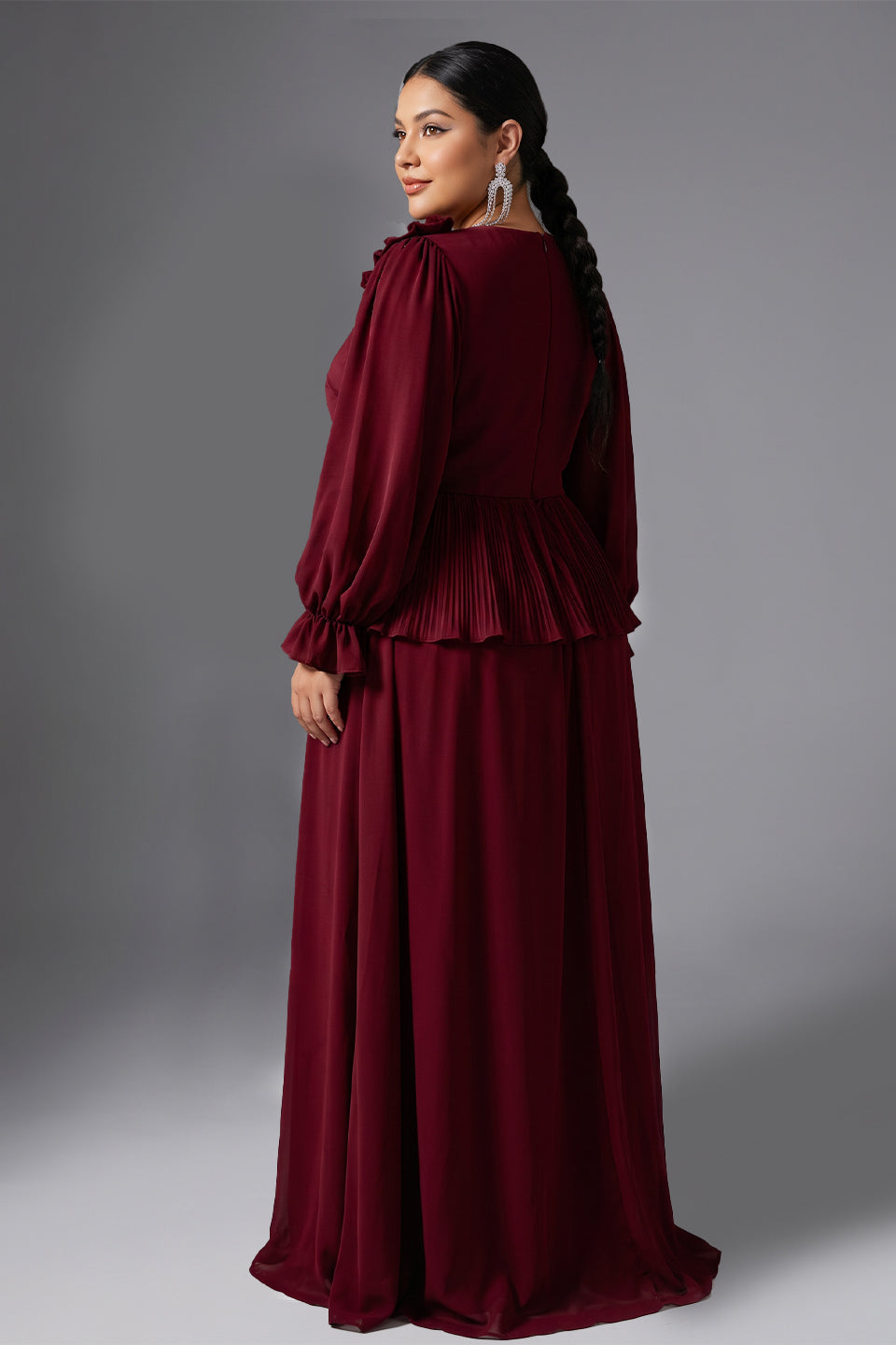 Curveins Plus Size Crew Neck Puff Sleeve Faux Two Piece Panelled Maxi Dress