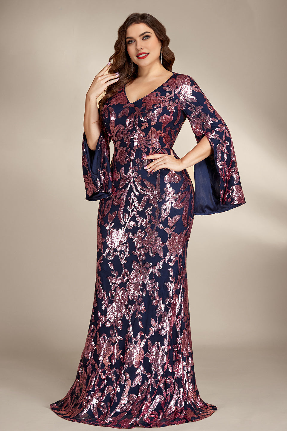 Curveins Plus Size Elegant V-Neck Sequin Bodycon Dress with Slit Sleeves