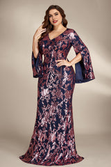 Curveins Plus Size Elegant V-Neck Sequin Bodycon Dress with Slit Sleeves