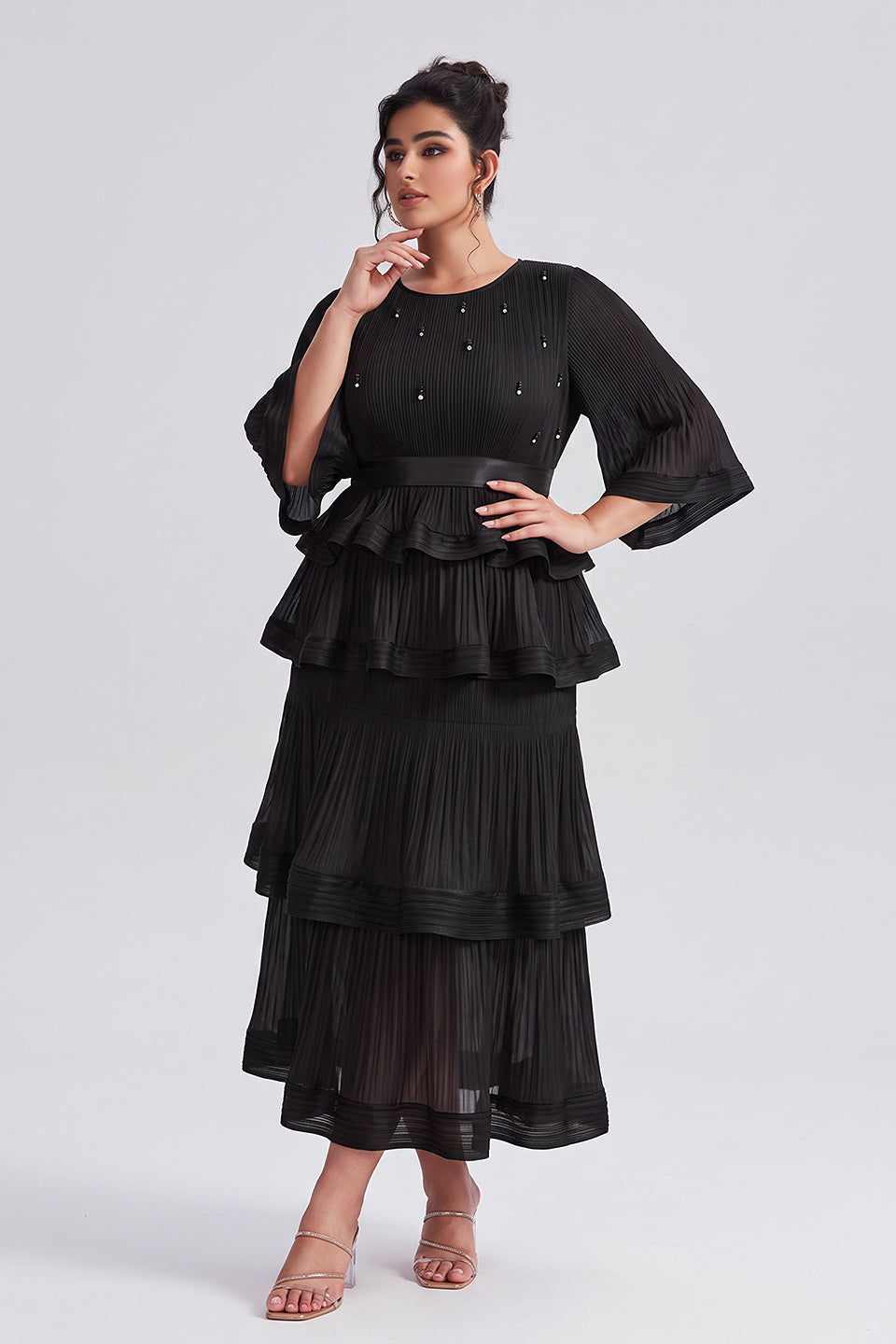 Curveins Plus Size Crew Neck Long Sleeve Ruffle Tiered Skirt Set