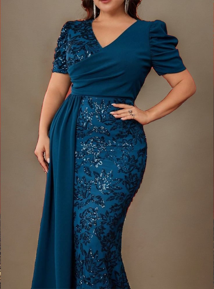 Curveins Plus Size V-Neck Sequin Patchwork Pattern Maxi Dress