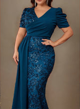 Curveins Plus Size V-Neck Sequin Patchwork Pattern Maxi Dress