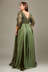 Curveins Plus Size Elegant V-Neck Embroidery Half-Sleeve Slimming Maxi Dress