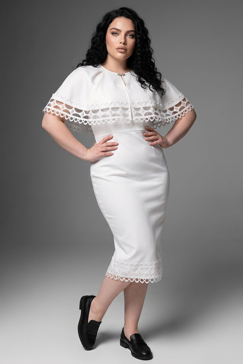 Curveins Plus Size Round Neck Hollow Lace Cape Overlay Bodycon Midi Dress