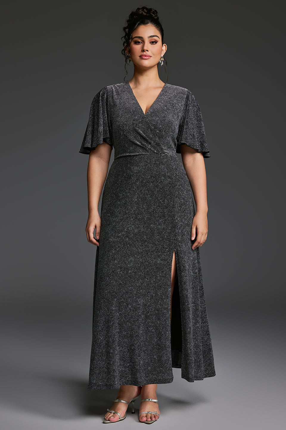 Curveins Plus Size V-Neck Ruffle Sleeve Maxi Dress