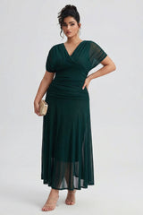 Curveins Plus Size V Neck Batwing Sleeve Cinched Waist Maxi Dress