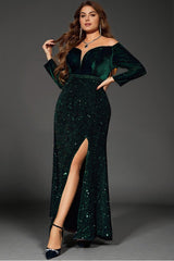 Curveins Plus Size V-Neck Velvet Sequin Strapless Maxi Dress