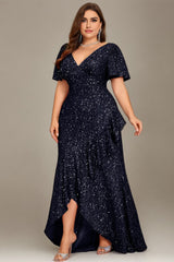 Curveins Plus Size V-Neck Short Sleeve Sequin Ruffle Slit Evening Gown