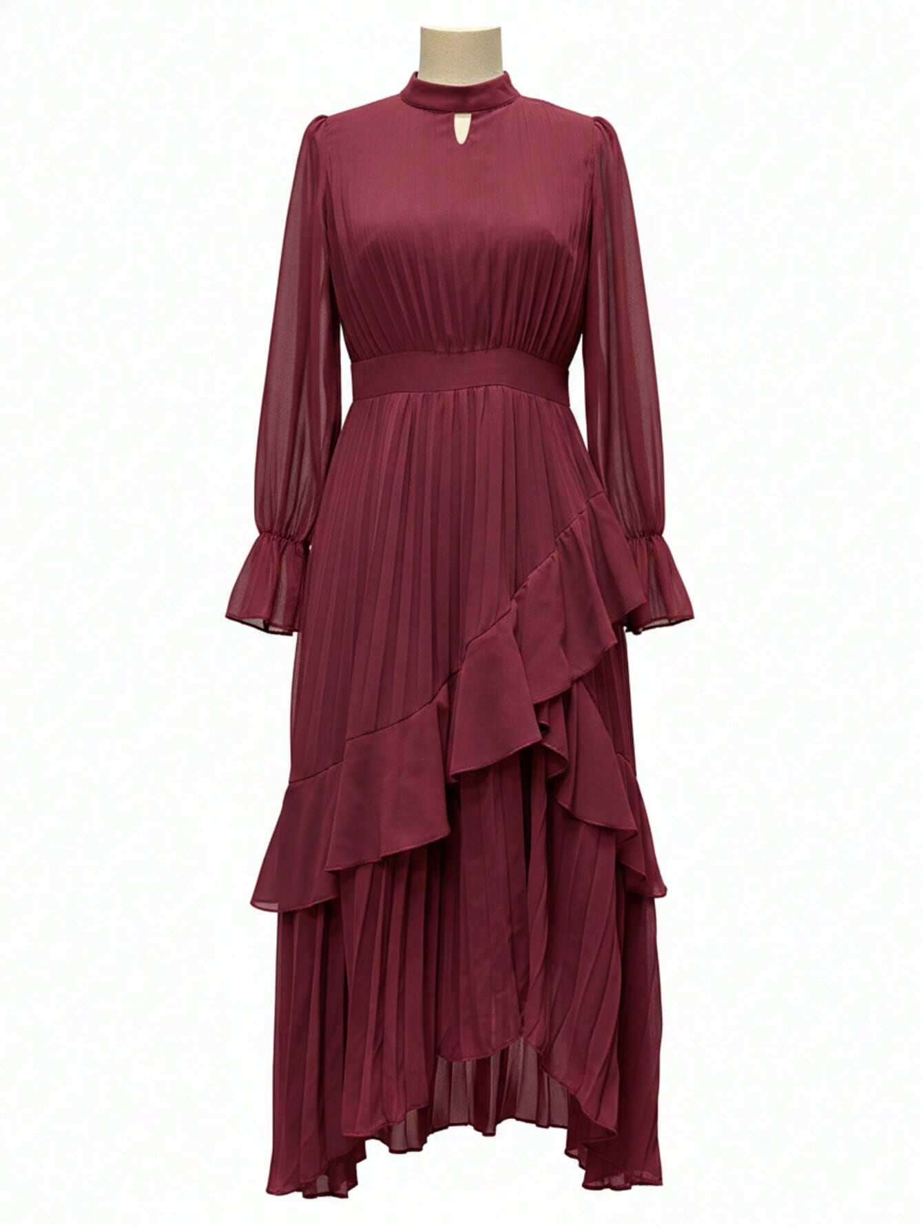 Curveins Plus Size Long Sleeve Ruffle Detail Pleated Asymmetrical Hem Midi Dress