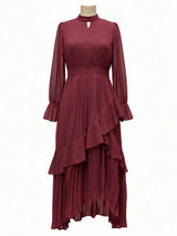 Curveins Plus Size Long Sleeve Ruffle Detail Pleated Asymmetrical Hem Midi Dress