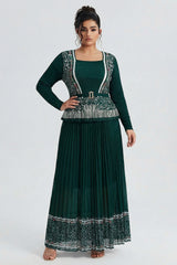 Curveins Plus Size Square Neck Long Sleeve Pleated Waist Maxi Dress