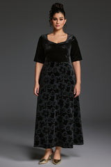 Curveins Plus Size V-Neck Long Sleeves Fitted Waist Floral Patchwork Maxi Dress