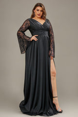 Curveins Plus Size Romantic Lace V Neck Flared Sleeve Slim Waist Split Hem Maxi Dress