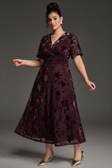 Curveins Plus Size Velvet Surplice Vintage Plain Maxi Dress